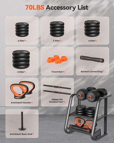 FEIERDUN DS2 Adjustable Dumbbells, 20/30/40/45/70/90lbs Free Weight Set with Connector, 5 in1 Dumbbells Set Used as Barbell, Kettlebells, Push up Stand, Weight Plate, Fitness Exercises for Home Gym Suitable Men/Women - style: E.70LB(35LB Pair)