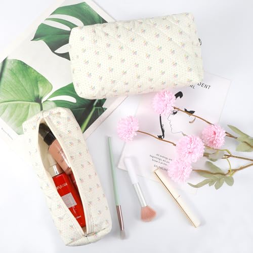 3 Pcs Makeup Bag Cosmetic Bag Set for Girls Women Checkered Travel Organizer Bathroom Toiletry Pouch Large Capacity Storage Bag(Small Flower Blue) - color: Small Flower Blue