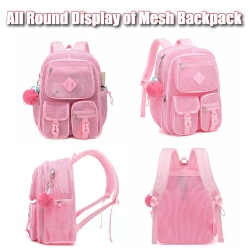Mesh Backpack for Girls Boys, Heavy Duty Semi-Transparent Mesh Bookbag, Unisex, Pink, Large, Daypack Backpack, 21L, School, Sports, Beach, Travel - color: Pink