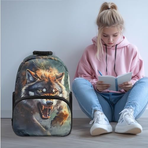 JEOCODY Cool Wolf Backpack Kids School Bag with Lunch Bag Pencil Case Water Bottle Holder Casual Boys Girls Daypack for Travel Hiking Satchel Bagpack 4 Piece Bookbag Purse Set - color: Cool Wolf Patterns