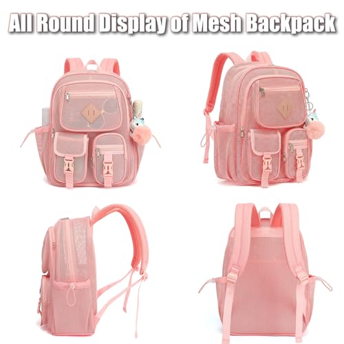 Mesh Backpack for Girls Boys, Heavy Duty Semi-Transparent Mesh Bookbag Womens Mens Mesh Backpacks for School, Sports, Beach, Swimming, Travel - Light Pink - color: Light Pink