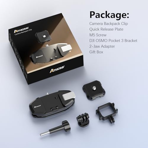 AMAZEAR Camera Backpack Clip for DJI Osmo Pocket 4/DSLR/Action Cameras, One-Handed Bag Strap Belt Clip with Quick Release Plate Mount for Canon Nikon Sony Fuji Go-Pro Cam with Safety Latch, Black