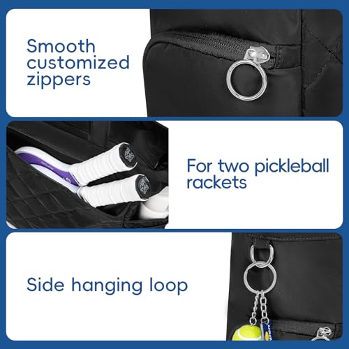 KAVIGOR Tennis Tote Bag with Shoe Compartment - Extra-Large Quilted Pickleball Bag Holds 2-4 Rackets, Water-Resistant & Lightweight for Men & Women - color: Black