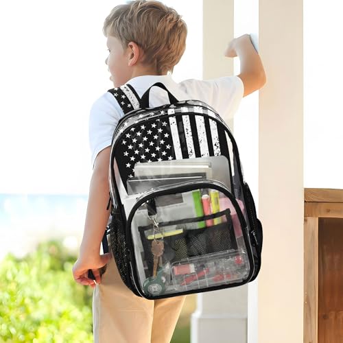 American Flag with Hockey Clear Backpack PVC Transparent School Backpack Lightweight Student Book Bags Capacity Clear Bag - color: Cerebral Grey