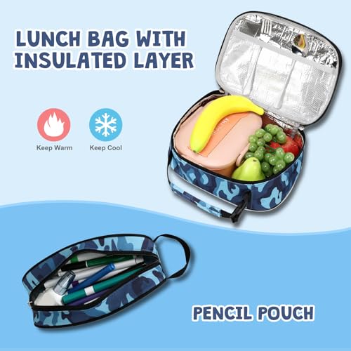 ACESAK Camo Backpack for Boys, Tactical Kids Backpack Boys, School Bags for Boy Children Teens Kids Elementary Middle High School, Military Bookbag and Lunch Bag Pencil Case Set with USB Charging Port - color: Camo Blue