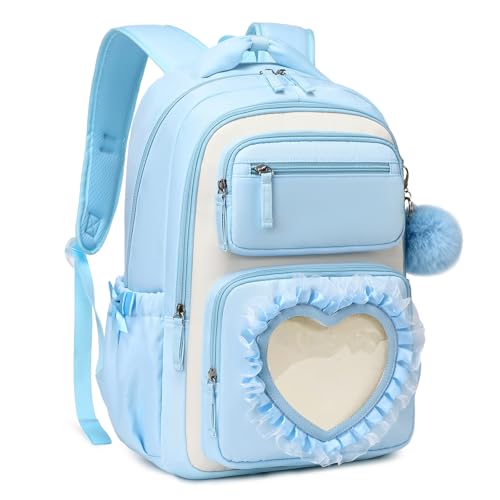 MOONBABY Girls Backpack for School, Cute Kawaii Ita Backpack with Heart Window, Large Backpacks for Girls Age 6-12, Kids Bookbag with Laptop Sleeve for Elementary & Middle School - color: Blue-white
