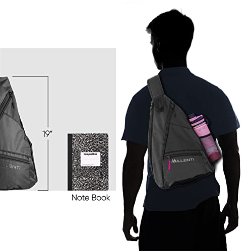 Millenti Sling Bag Crossbody Backpack - Shoulder Chest Casual Daypack Rucksack for Men & Women with a Fence Hook & Water Bottle Holder. Basketball Pickleball Bag Black PB01B