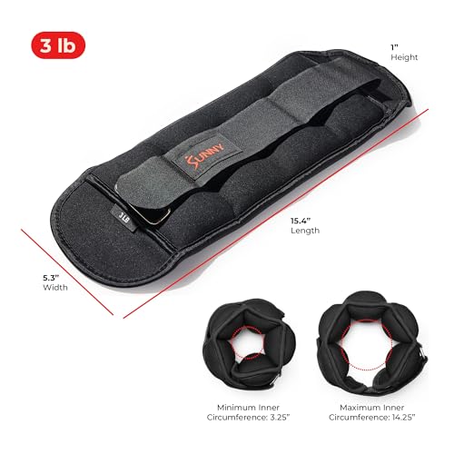 Sunny Health & Fitness Ankle Weights for Women, Men & Kids – Adjustable 1–5 lb Pair | Wrist, Arm & Leg Weights for Walking, Pilates, Yoga & Cardio - size: 3 LB