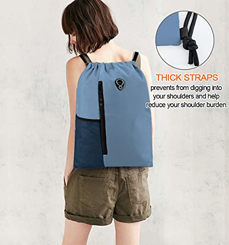 BeeGreen Blue Drawstrings Backpack Gym Sack For Men With Water Bottle Pocket &Front Zippered Pocket Large Sting Bags For WomenTraveling Yoga Beach Outdoor Gym - color: Blue Haze, style: Drawstring With Mesh Pocket