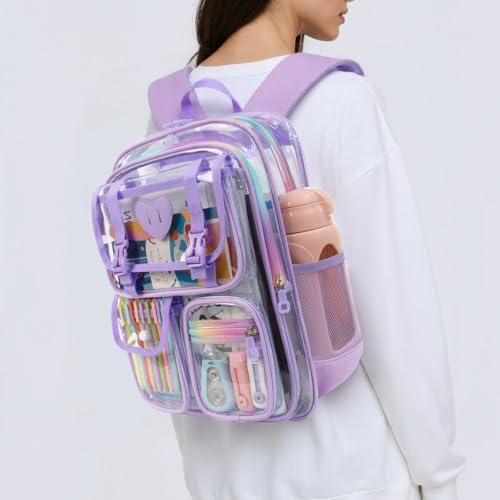 Clear Backpack for Girls Women Heavy Duty Transparent Bookbag School Backpack with Mesh Pockets Stadium Approved See Through Backpack (Purple) - color: Purple