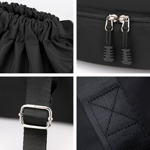 Sport Gym Bag Drawstring Backpack Beach Bag for Men Women with Shoe Compartment and Reflective Strips (Black) - color: Black