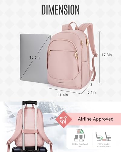 LIGHT FLIGHT Travel Backpack for Women, 15.6 Inch, Dull Pink | Laptop Backpack, USB Charging Hole, Water Resistant, Large Capacity, College Bookbag - color: Dull Pink, size: 15.6 Inch without Wheels