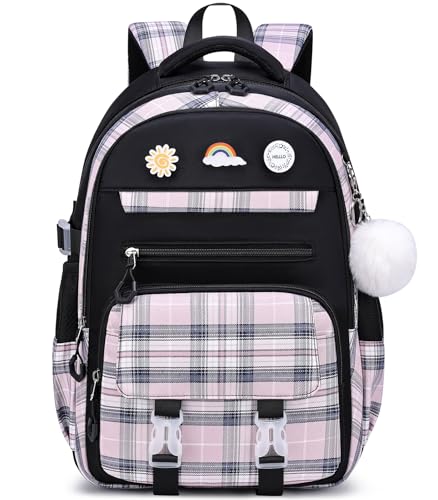 MOMUVO Backpack for Girls with Lunchbox, Kids Backpack with Lunch Box, Bookbag for Girls Kindergarten Elementary Preschool Middle School - color: Black Pink Sets