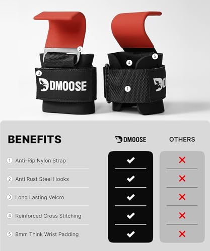 DMoose Fitness Weight Lifting Hooks (Pair) for Deadlifts, Pull Ups, Rows & Shrugs - Anti-Rip Nylon Strap Hand Grips with Thick Wrist Padding - Heavy Duty Wrist Straps for Weightlifting & Gym Workouts - color: Red