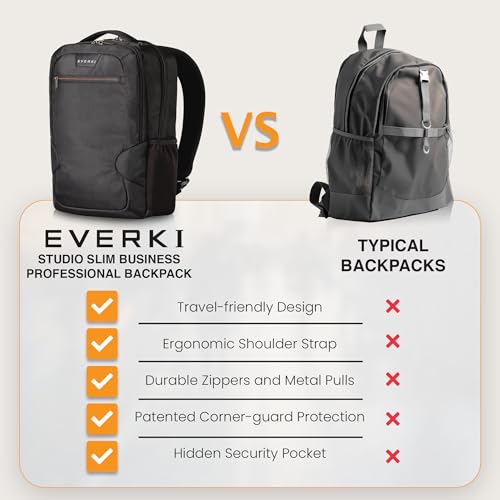 EVERKI Studio 14L Slim Laptop Backpack – Lightweight Business Travel Backpack for Men & Women with Padded Laptop Compartment, Corner Protection, Professional Backpack, Fits Laptops up to 15" – Black - size: 14 Liters