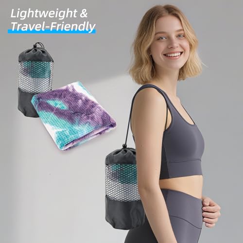 YESLIFE Non-Slip Extra Thick Hot Yoga Towel with One Sweat Towel, Microfiber Sweat Absorbent Yoga Mat Towel with Grip Dot, Pilates Mat, 72" x 24", Green&Purple - color: Green&purple