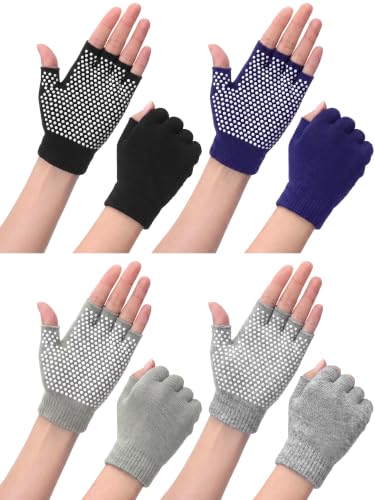 Fourluoo 4 Pairs Pilates Gloves with Grips for Women Non Slip Cotton Fingerless Silicone Yoga Gloves for Gym Exercise Workout Weight Training Mitten Fits Women Men - color: Purple, Gray, Pea Green, Black