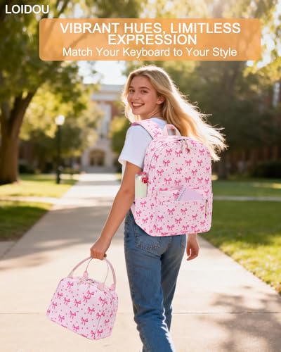 LOIDOU Backpack for Teen Girls Bookbags School Backpack with Lunch Box and Pencil Case 3 in 1 School Bags Set - color: Bow Tie Pink