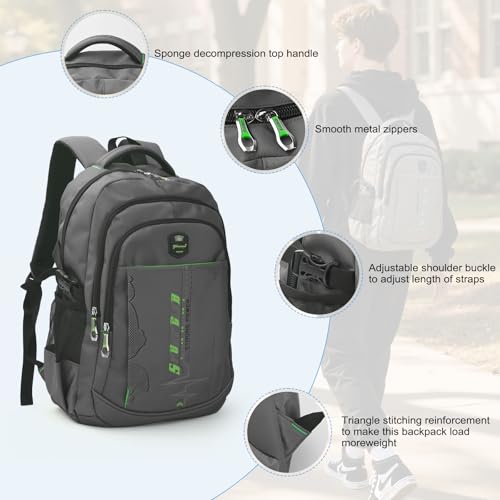 goldwheat School Backpack For Teen Boys, Lightweight Water-Resistant Boys Bookbag With Computer Compartment Fits 15.6" Laptop - color: Grey-green