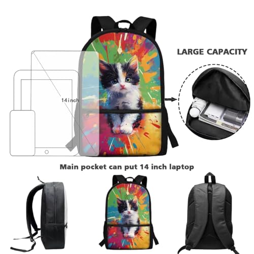 ZOUTAIRONG School Bags and Small Thermos, Colorful Inkjet Cat Design Large Capacity Fashion Casual Backpack with Side Pockets for Mini Water Bottle - color: Colorful Inkjet Cat