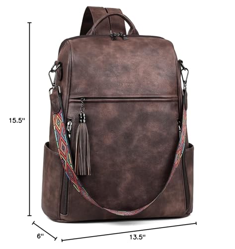 FADEON Leather Laptop Backpack for Women Designer 15.6 inch PU Laptop Bag, Ladies Travel Computer Work Backpack Coffee Brown - color: Coffee Brown Retro Style