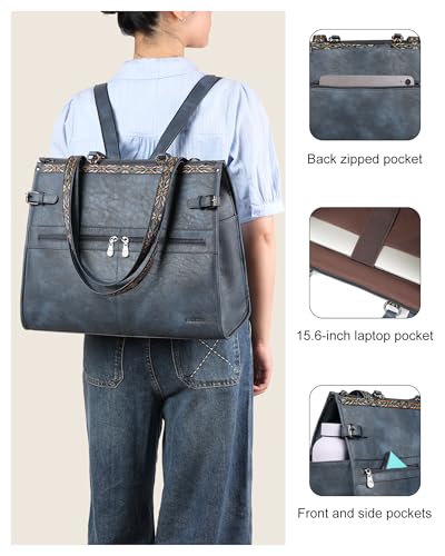 FADEON Laptop Bag for Women Designer PU Leather, 15.6inch - color: Dark Blue Retro Style