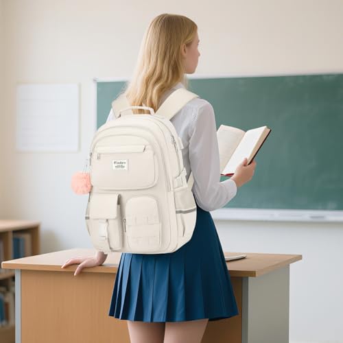 WINDARS School Backpack for Teen Girls, Cute Laptop Backpack for Women Students, Middle High School Bags Aesthetic Bookbag for College Travel Fit 15.6 Inch Laptop (Beige)