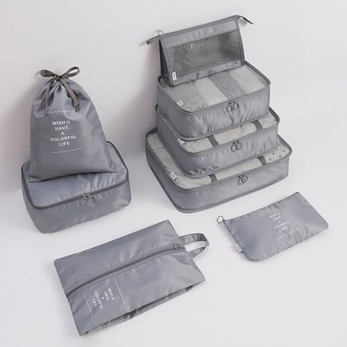 8 Set Packing Cubes for Suitcases, INVODA Travel Luggage Packing Organizers with Laundry Bag, Compression Storage Shoe Bag, Clothing Underwear Bag (Grey) - color: Grey