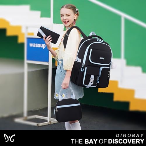 DIGOBAY Backpacks for Girls, 3PCS School Backpack with Lunch Box Pencil Pouch for Teen Girls Kids Elementary Primary Middle High College Travel School bag Bookbag Set (Black Blue) - color: Black Blue