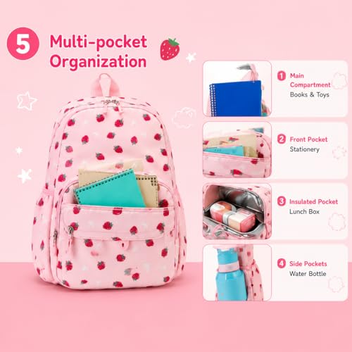 BTOOP Kids Backpack, Girls Backpack 4-6-Preschool Kindergarten School Bookbag with Insulated Lunch Compartment & Chest Strap, Pink-Strawberry Backpacks - color: Pink-strawberry, size: Age 3-6 (14.5" H Fit Folder)