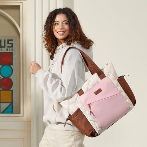 LOVEVOOK Tote Bag for Women, puffer tote bag for Work Travel Nurse, Lightweight quilted Bags with Compartments - color: M-15.6 Inch-cream-pink