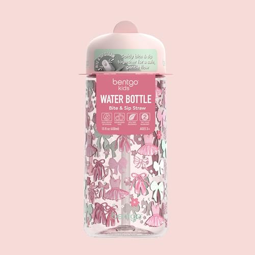Bentgo Kids Water Bottle - Leak-Proof, Durable Tritan PFAS- & BPA-Free 15 fl oz, Kids/Toddlers Ages 3+ for School & Sports; Bite & Sip Spout, Carrying Handle, Dishwasher Safe (NEW Ballet & Bows) - color: Ballet and Bows