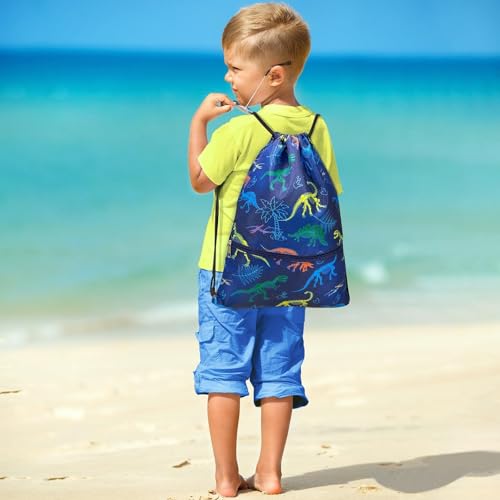 WAWASAM Kids Drawstring Backpack, Gym Swim Bag Cinch Bag for Girls Boys with Zipper Pocket - color: Dinosuar E