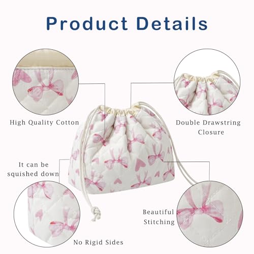 uekeboag Cotton Quilted Drawstring Makeup Bag with Canvas Lining,Coquette Aesthetic Cute Travel Toiletry Bag,Drawstring Gift Bag for Women and Girls(14Heart Bow) - color: 14Heart Bow