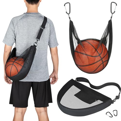 Single Ball Bag with Zipper Pocket Mesh Shoulder Bag with Buckle Clip Sport Equipment Storage Net for Carrying Multiple Sports - Basketball, Soccer, Volleyball, Rugby & More