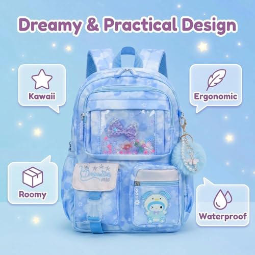 Lovely Kawaii Kids School Backpack For Girls – Splash-Proof Book Bag for Kids & Students, Multi-Pocket Children's School Bag, 17 Inch Blue Backpack - color: Blue