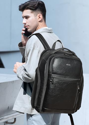 Shrrie 17 Inch Travel Laptop Backpack for Men&Women, Vegan Leather Suitcase Backpack with USB Charger, Expandable Large Capacity Computer Backpack Purse for Work Business Travel, Black - color: Black