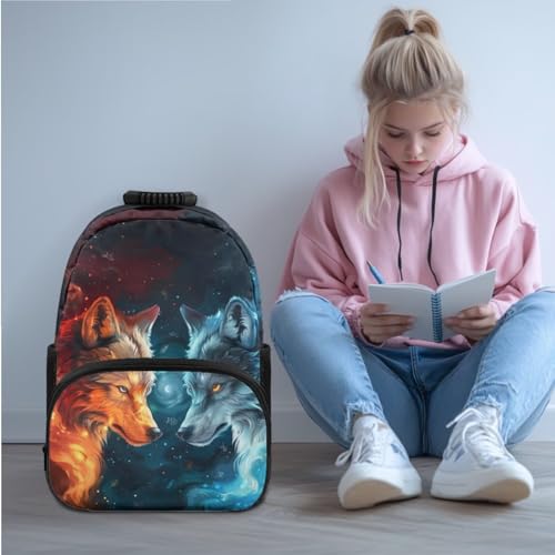 JEOCODY Cool Wolf Kids School Bag for Girls Backpack with Lunch Box Pencil Case Organizer Water Bottle Holder Set of 4 Boys School Supplies Casual Daypack for Travel Hiking - color: Cool Galaxy Wolf Printed