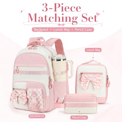 CAMTOP Girls Backpack with Lunch Box & Pencil Case Set, School Backpack for Girls with Large Water Bottle Holder Straps, Waterproof Kids Backpack, Cute Bookbag for Elementary School & Travel - color: Pink White