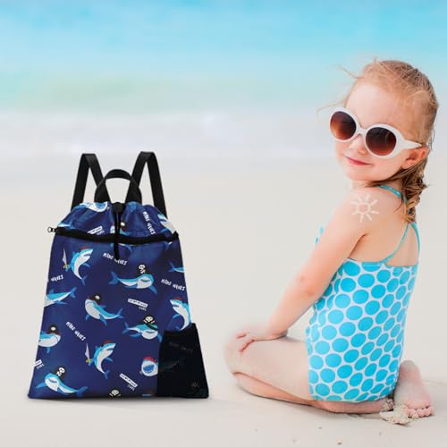 Blue Shark Drawstring Backpack, 15” x 17” Waterproof Swim Bag for Beach Swimming Pool, Lightweight Foldable Gym Bag with Water Bottle Holder for Sports Travel - color: Blue Sharks