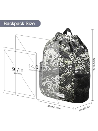 Waterproof Drawstring Backpack Sports Gym Sackpack with Mesh Pockets Water-Resistant String Cinch Beach Bag for Men Women - color: Print - Black Waves