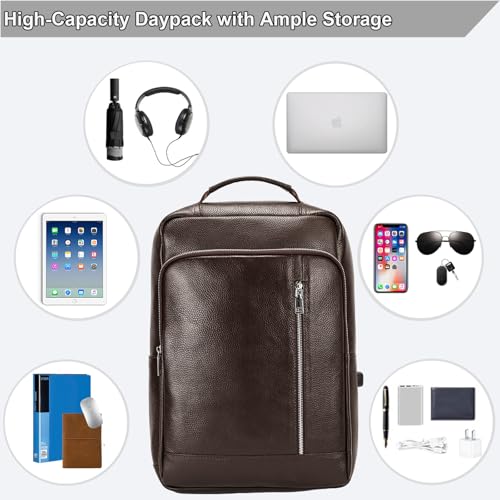 Genuine Leather 15.6 Inch Laptop Backpack for Men, Multi Pocket Slim Daypack Shoulder Bag with Trolley Sleeve for Business Travel (Brown) - color: Y80&28y Coffee