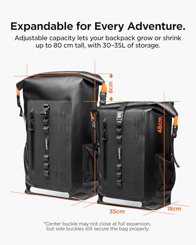 Spigen for Waterproof Backpack IPX6, 35L Roll Top Travel Rucksack Fits up to 16 Inch Laptop, Multi-Compartment Bag Ventilated Back, Chest Strap Hiking, Camping, Swimming, Canoeing, Fishing - color: Black (A650 35L)
