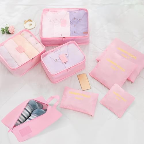 8 Set Packing Cubes for Travel Luggage Packing Bags Reusable Waterproof Suitcase Organizer Cubes Set with Shoe Bag and Toiletry Bag (Pink) - color: Pink