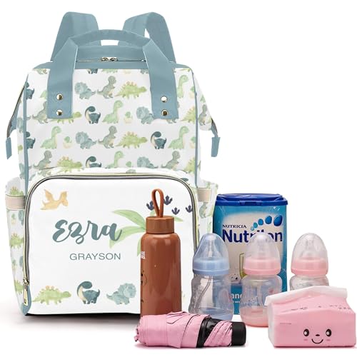 Personalized Diaper Bags for Baby Boys Green Dinosaur Personalized Bag Mummy Nappy Baby Bag Multifunction Customized Backpack - color: Green Dinosaur 02