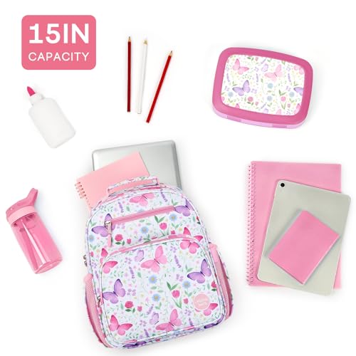 mibasies Kids Backpack for Girls 5-8: Water-Resistant School Bookbag for Kindergarten and Elementary - Butterfly Pink - color: Butterfly Pink, style: Kids-15"h