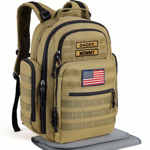 SHARKMOUTH Baby Diaper Bag for Men - Large Military Daddy Gear Backpack with Changing Pad for Travel Camping Hiking - Army Style for Active Dad Tan - color: Tan W/ Changing Pad