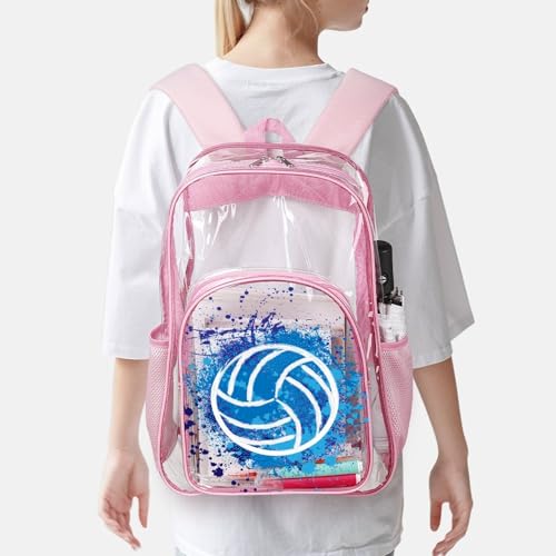 Volleyball Clear Backpack Heavy Duty for Girls Kids Boys Women | Large Cool PVC Volleyball Theme Printing Transparent Backpacks for Schools Stadium Concerts Work - Clear/Pink - color: Volleyball Clear Backpack 2 Pink With Front Pocket