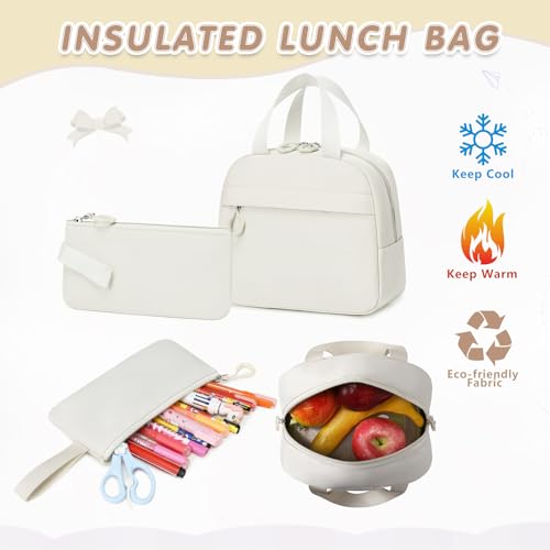GeeWin Backpacks for Girls, Girls Backpack with Lunch Box & Pencil Case Set, 17 Inch Waterproof Girl Bookbag with Lots of Pockets for Kids, Teens, Elementary Middle High College School Student(Beige) - color: Beige