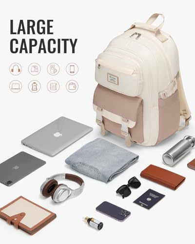 Backpack for Girls and Teens, Cute School Bag for Kids, Kawaii Bookbag for College Students, Aesthetic Laptop Backpack for Women Nursing Work, Beige Khaki